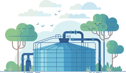 Flat design illustration of industrial water treatment plant with pipelines, storage tank, and green eco environment for sustainable energy concept