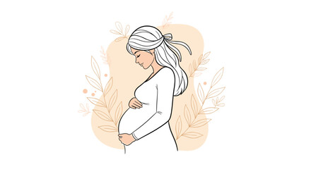 Beautiful pregnant woman with closed eyes gently cradling her baby bump, surrounded by soft, artistic botanical elements.