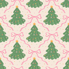 Christmas cute seamless pattern with bows, ribbons and Christmas trees. Xmas coquette retro print. Preppy trendy holiday background. Vintage damask design for fabric, wrapping paper, textile.