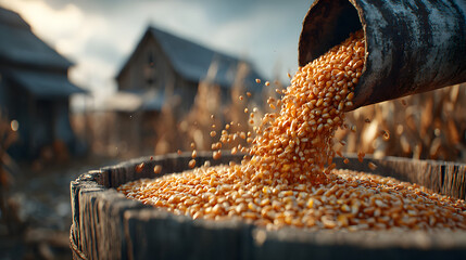 Corn grains pouring from pipe at farm silo