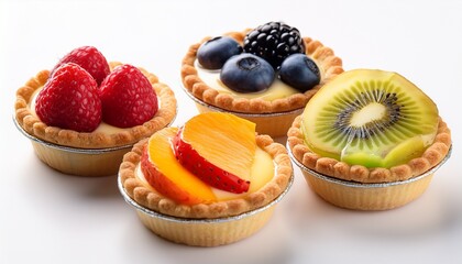assorted fruit tarts with custard filling on a white background