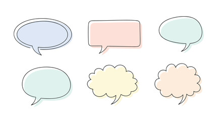 Hand-drawn speech bubbles with rough outlines and soft pastel colors for comic design, communication, or conversation elements.