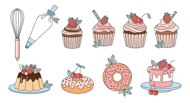 A charming collection of sweet desserts and baking essentials, featuring decorated cupcakes, glazed donuts, creamy pudding, a whisk, and a piping bag.