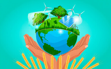 Hands cradling earth with renewable energy and green ecosystem