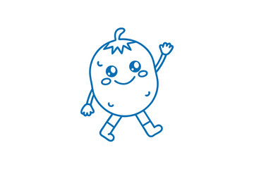 Smiling potato character is walking while waving in blue outline style