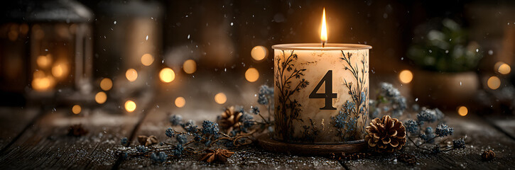 Vierter Advent schnee panorama Kerze mit Zahl dekoriert weihnachten Aventszeit holz hintergrund lichter bokeh / fourth sunday advent