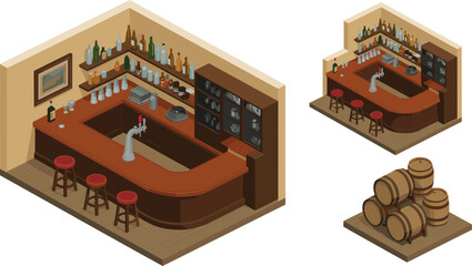 Isometric 3D illustration of cozy wooden bar interior with stools, counter, drink bottles, and beer barrels for pub or restaurant design