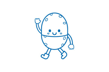 Happy blue potato character is walking and waving its hand on white background