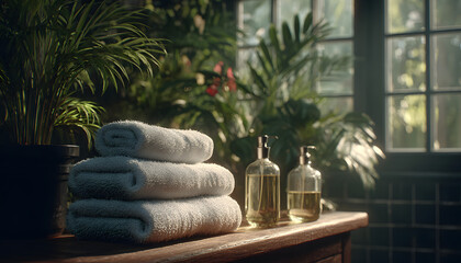 Serene Spa Treatment Room with Towels and Lotion, Perfect for Relaxation and Wellness Promotion