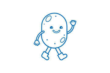 Cute blue potato smiles while walking and waving his hand cheerfully on white