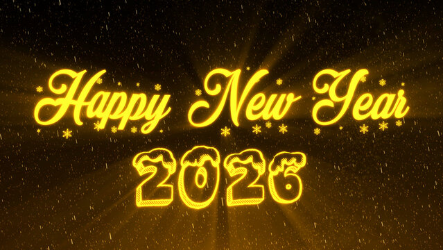 Golden glowing Happy New Year 2026 text with snowflakes and bright particles. Elegant festive illustration in warm gold tones, perfect for Christmas and holiday celebration design.