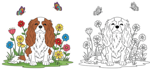 Cute Cavalier King Charles Spaniel Puppy Dog Sitting in a Colorful Flower Garden with Butterflies - Adorable Pet Coloring Page Design © MstAsia