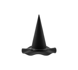 Fototapeta premium Black witch hat with pointed top and wide brim isolated on transparent background