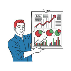 Smiling professional presenting a visual report with charts and graphs, highlighting successful data analysis, market trends, and business growth strategy