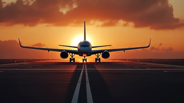 A large airplane sits on the runway at sunset, facing the glowing sun. This airplane, surrounded by a vibrant sky, is ready for its journey into the evening horizon.