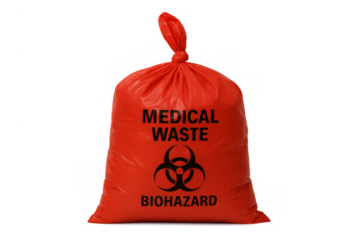 Red medical waste biohazard bag with transparent background