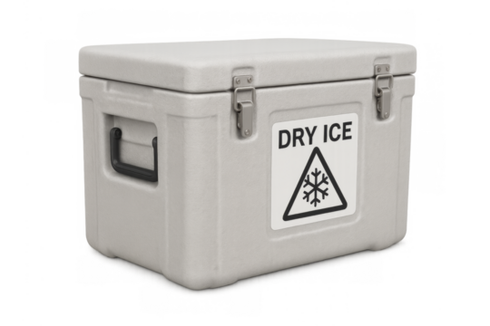 Insulated container with dry ice warning label for cold chain shipping