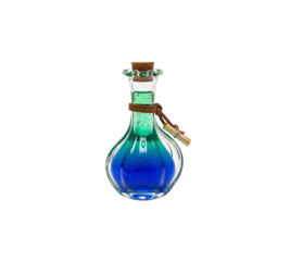 Glass vial with shimmering blue green liquid and cork stopper isolated on transparent background elixir