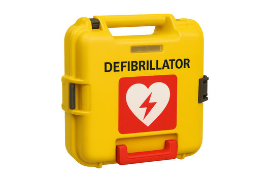 Yellow defibrillator case providing emergency cardiac care equipment