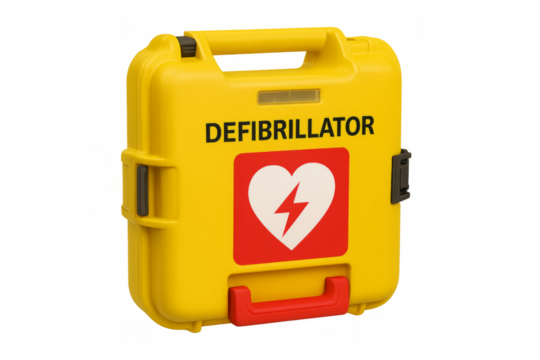 Yellow defibrillator case providing emergency cardiac care equipment