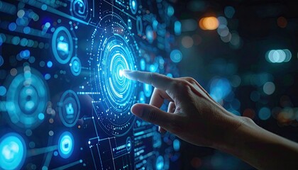 Close Up Of A Finger Touching A Futuristic Digital Interface With Glowing Blue Lights And Icons In The Background At Night