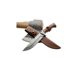 Hunting survival bushcraft tools fixed blade knife leather sheath crossed with wood handle axe