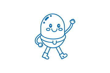 Joyful blue line cartoon egg character happily waves hello on a white backdrop