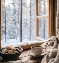 Winter Window View With Blanket and Warm Drink