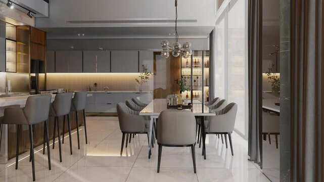 4K 3D Rendering Animation of Luxury Modern Kitchen and Living, Dining Room