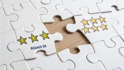 Puzzle Pieces with Five Stars and Company Name on a Wooden Surface