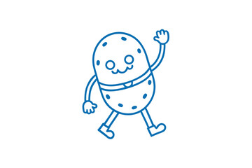 Cheerful potato character with dotted skin is waving while happily walking forward
