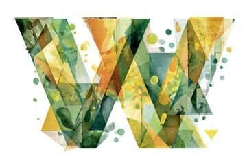 Abstract watercolor letter W with geometric polygon shapes and green yellow palette, artistic hand painted design, modern creative typography, vibrant trendy composition, isolated on white background
