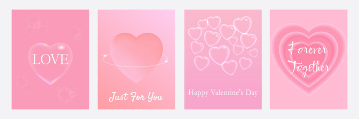Set of four posters with the words LOVE, Just For You, Happy Valentine&rsquo;s Day, Forever Together. Made in delicate pink-peach tones with translucent hearts.