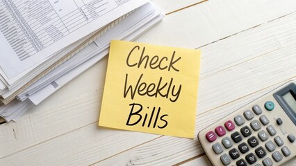 Reminder Note for Weekly Bill Check with Calculator and Papers