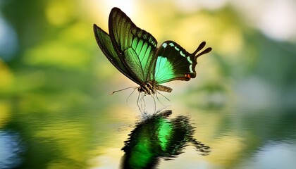 Fototapeta premium a macro shot of a green butterfly hovering above water with its wings expanded and mirrored image in the surface
