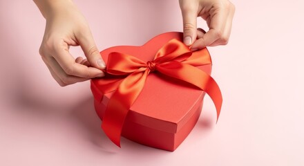 Hands delicately adjusting the red ribbon on a heart-shaped gift box for