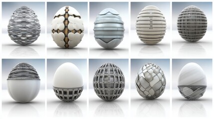 Ten designer eggs with abstract patterns and a high-tech aesthetic. Perfect for art, technology, and conceptual design.