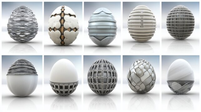Ten designer eggs with abstract patterns and a high-tech aesthetic. Perfect for art, technology, and conceptual design.
