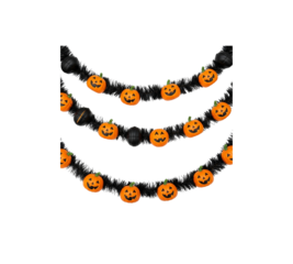 3D render Halloween decoration tinsel garland smiling orange pumpkins and black spheres background element