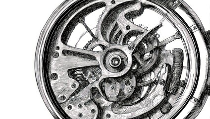 Detailed monochrome sketch of a complex mechanical watch movement isolated on white.