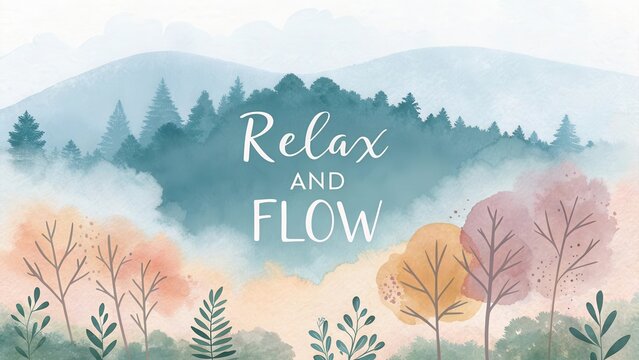 Serene Watercolor Landscape with Relax and Flow Motivational Text
