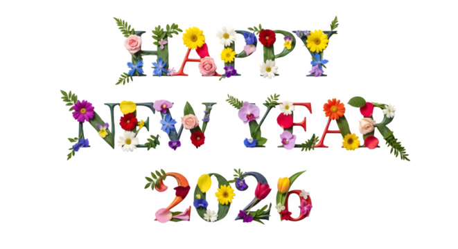 Floral Happy New Year 2026 greeting, isolated on transparent background