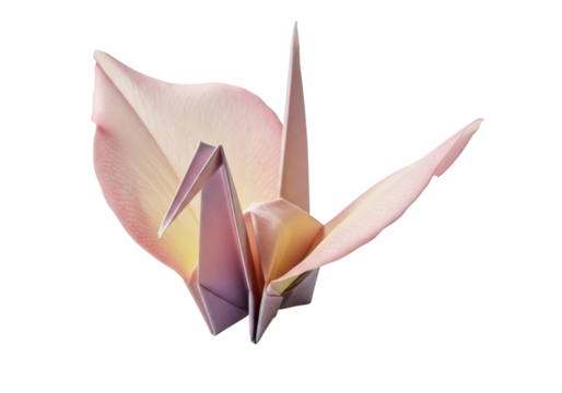 A single, delicate pink origami crane artfully folded, presented isolated on a transparent background. - Powered by Adobe
