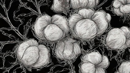 Detailed Black and White Cotton Plant Illustration with Delicate Textures.