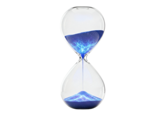 Blue sand hourglass flowing time isolated on transparent background