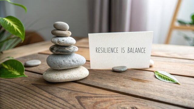 Peaceful Balance with Stones and Motivational Message in Calm Space