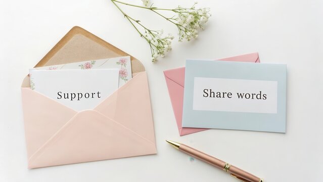 Soft pastel envelopes with cards and flowers on a clean surface