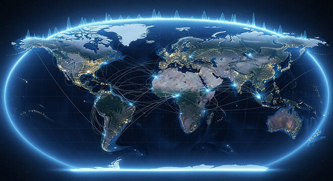 Earth globe showing global connectivity network and data flow