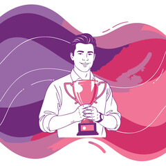 Man Holding a Trophy Surrounded by Abstract Waves of Color