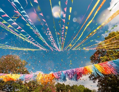 bright and cheerful party banner with streamers and confetti for an outdoor celebration